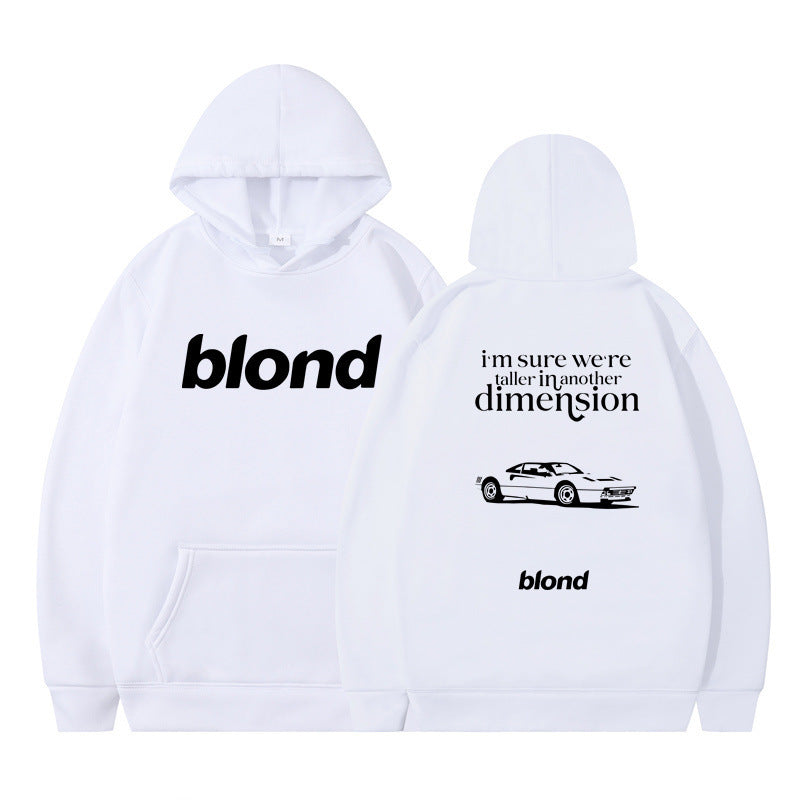 White hoodie with 'blond' written twice and a graphic of a car on the back, with the text 'i'm sure we're all in another dimension'.