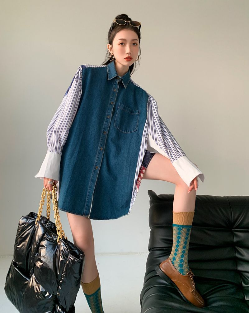 Casual Patchwork Denim Button-Up Sean Powell Apparel
