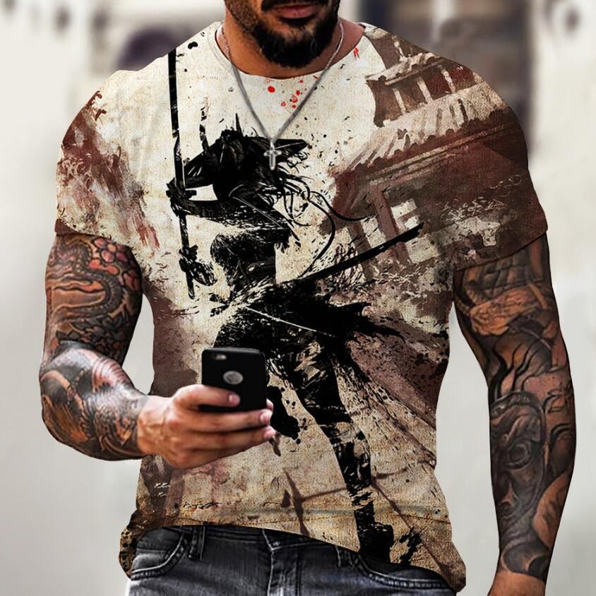 A digital print of a shogun warrior theme on a urban t-shirt worn by a male model