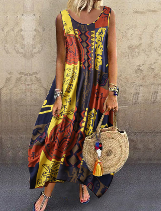 A model wearing a sleeveless, floral and geometric patterned linen vest in vibrant colors, paired with a straw bag and sandals.