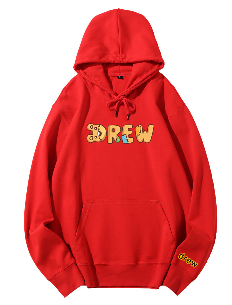 Red hoodie with pink text graphic on the front and a small logo on the lower right sleeve.