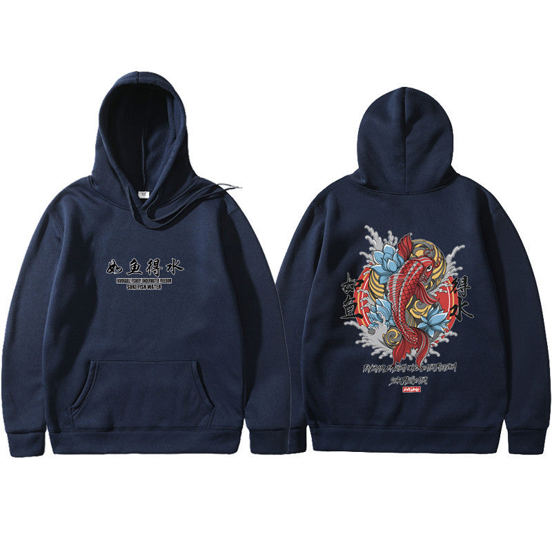 A blue urban hoodie with a traditional Japanese art print in the center, featuring an animal and floral elements.