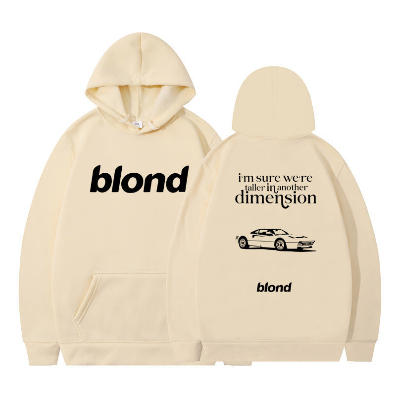 Black hoodie with 'blond' written twice and a graphic of a car on the back, with the text 'i'm sure we're all in another dimension'.