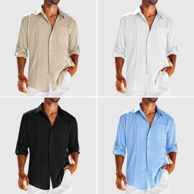 A collage of four button-down shirts in different colors: black, blue, white, and beige, all displayed on a male model.