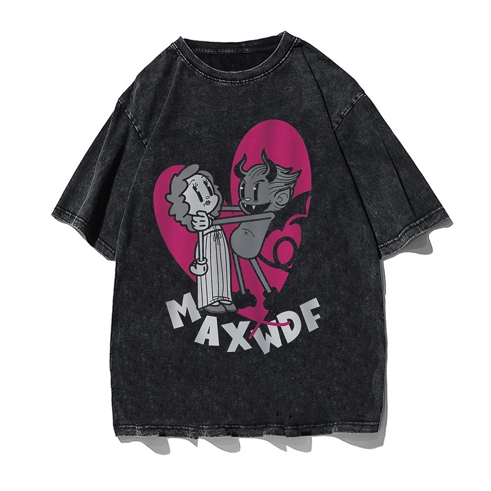 Black t-shirt with a graphic print of a statue and the text 'God Went Iike Holy' repeated multiple times.