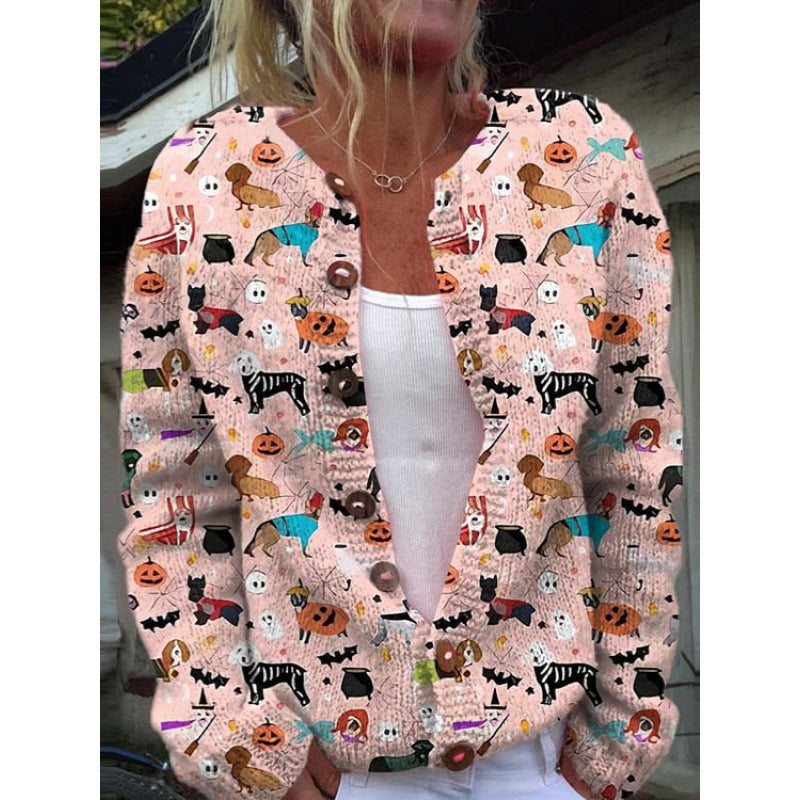 Person wearing a Halloween-themed cardigan with various graphics.