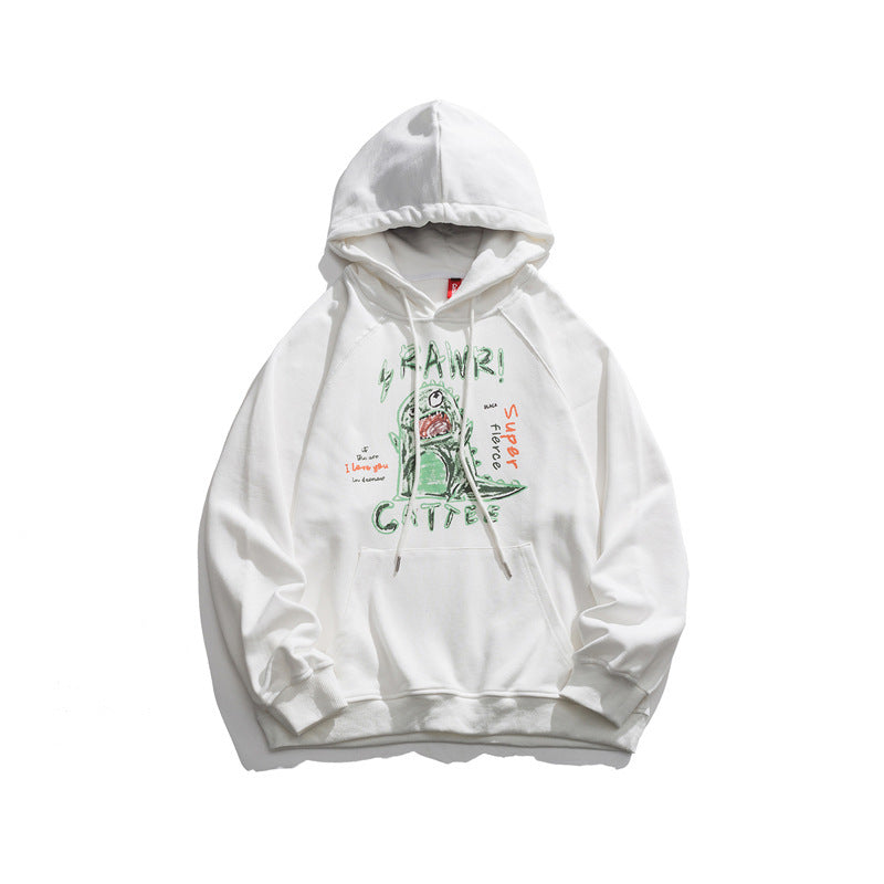 White hooded sweatshirt with a bold dinosaur and graffiti-style letter print on the front.
