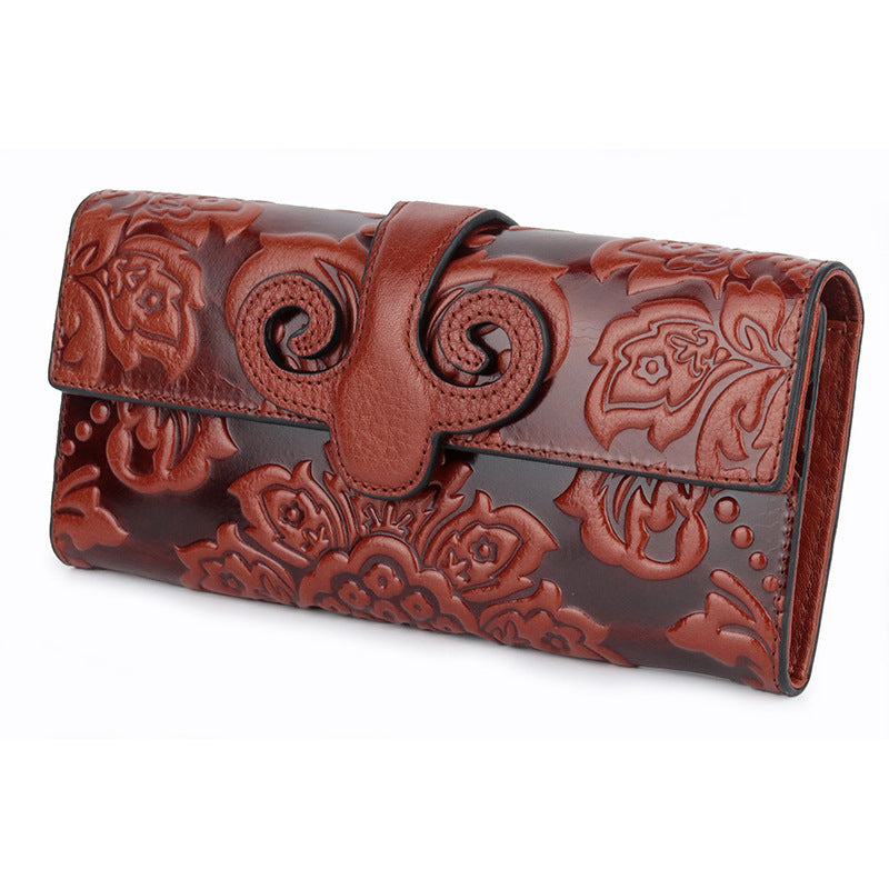 Women's long wallet with first layer oil wax leather