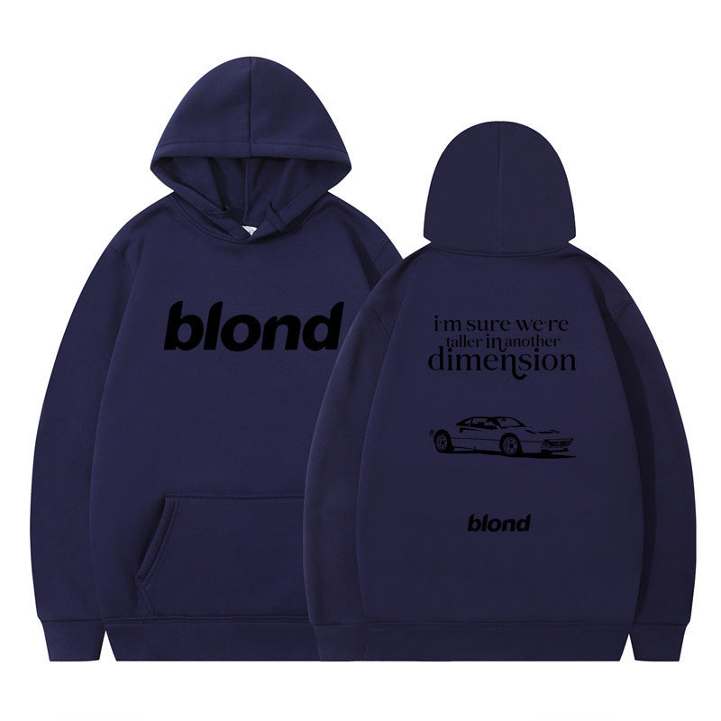 Black hoodie with 'blond' written twice and a graphic of a car on the back, with the text 'i'm sure we're all in another dimension'.