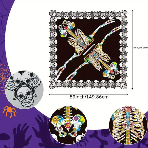 Colorful skeleton design with decorative elements on a purple background