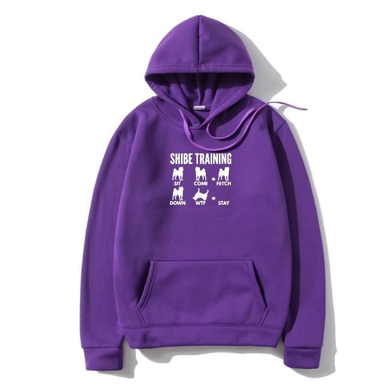 A purple hoodie with 'URBAN TRAINER' text and illustrations of dogs on the front.