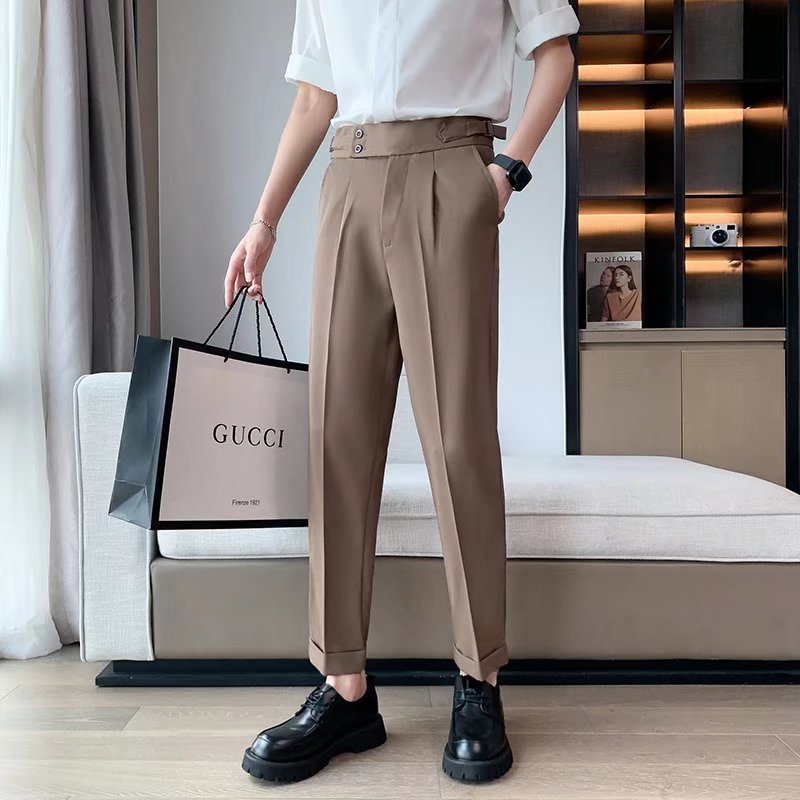 Draped Slim Fit Cropped Suit Pants for Men