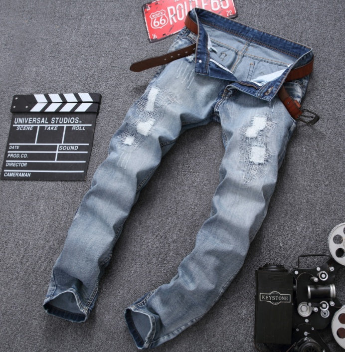 MCCKLE Men's Slim Fit Light Blue Ripped Jeans – Distressed Denim Joggers Sean Powell Apparel