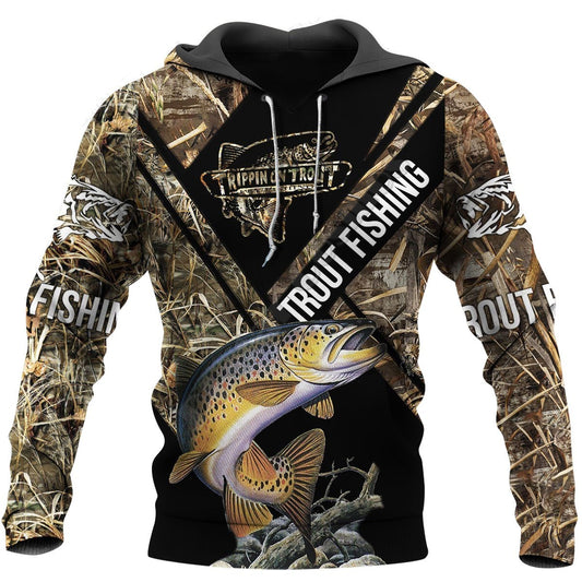 Hooded sweatshirt with camouflage pattern and a large print of a fish in the front, along with the text 'FISHING'.