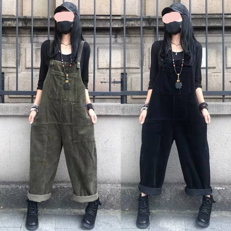 Two images, side by side, of a woman wearing different color variations of a corduroy dress with suspenders. The left image shows a green dress and the right image shows a black dress, both with retro-inspired designs.