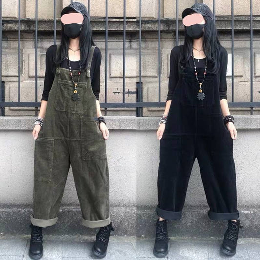 Two images, side by side, of a woman wearing different color variations of a corduroy dress with suspenders. The left image shows a green dress and the right image shows a black dress, both with retro-inspired designs.