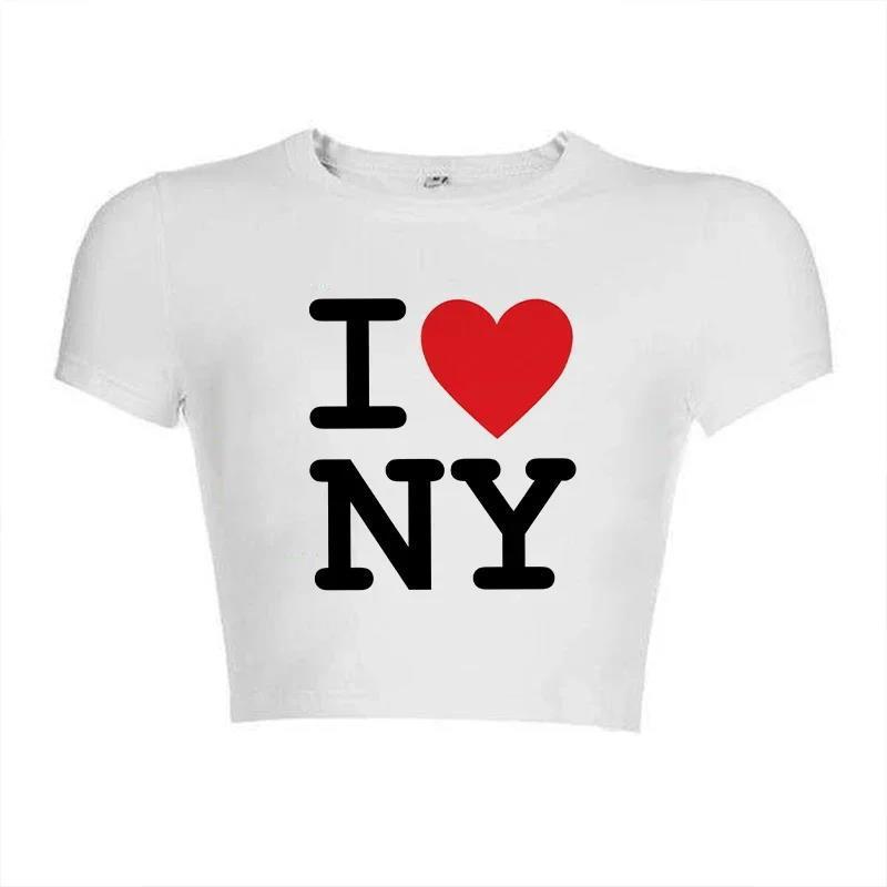 A person wearing a white crop top with the text 'I ❤️ NY' printed on the front.