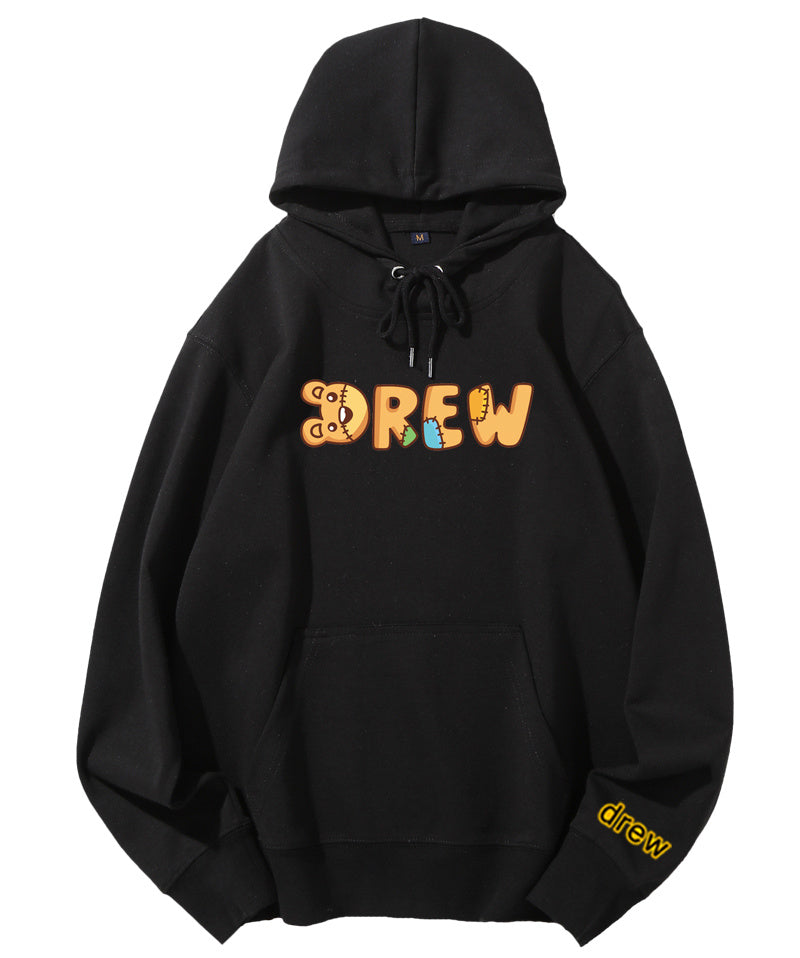 Black hoodie with pink text graphic on the front and a small logo on the lower right sleeve.