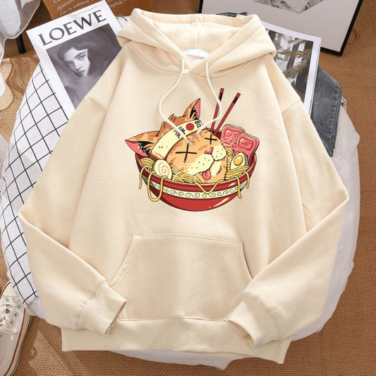 A beige-colored long-sleeve pullover hoodie with a graphic of a samurai cat inside a bowl of sushi, surrounded by elements of Japanese culture.