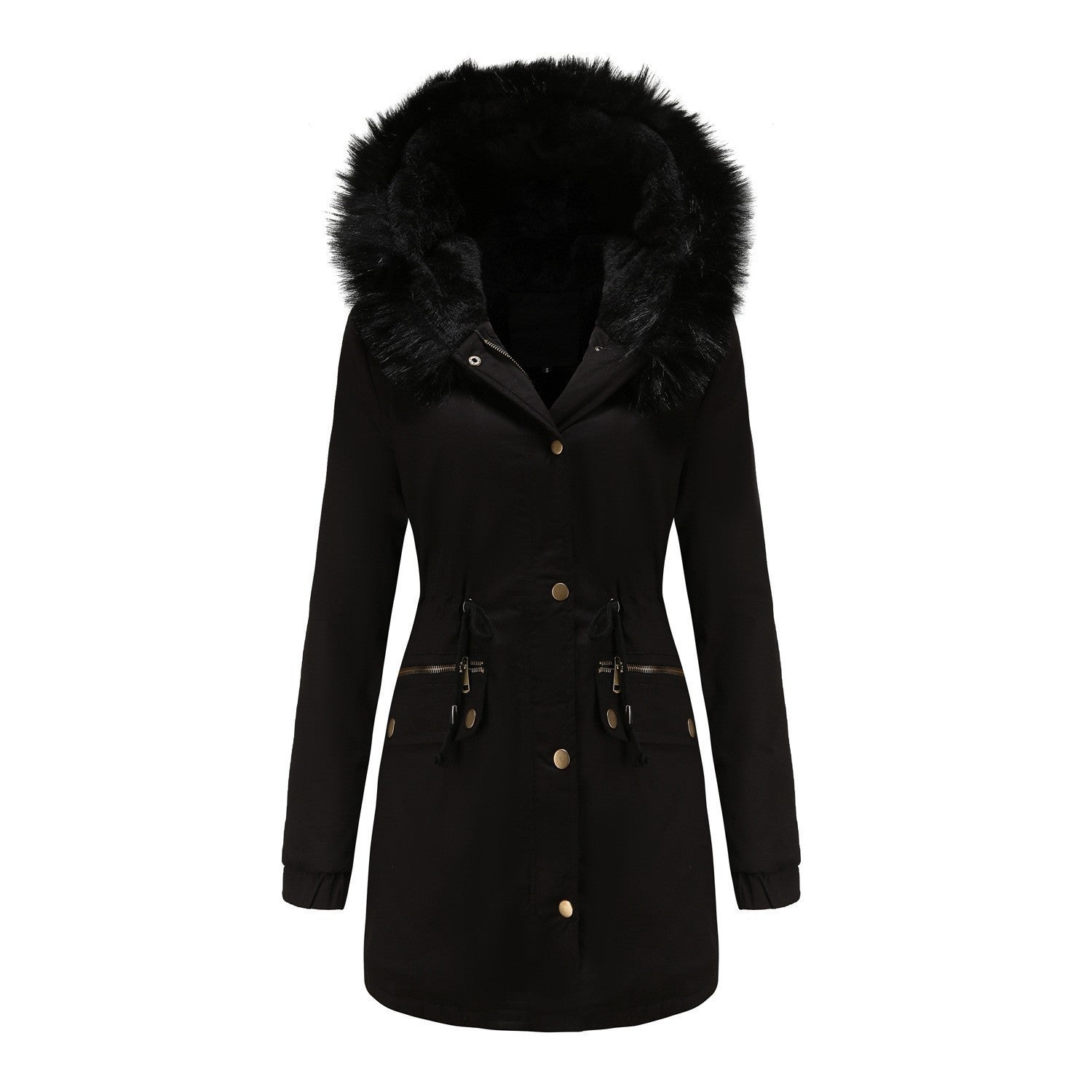 Women's parka coat with faux fur hood, shown in black on a white background.