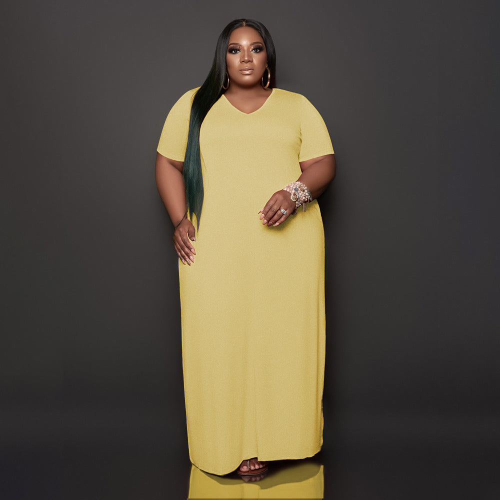 Comfortable Everyday Loose Dress - Solid Color, Large Size