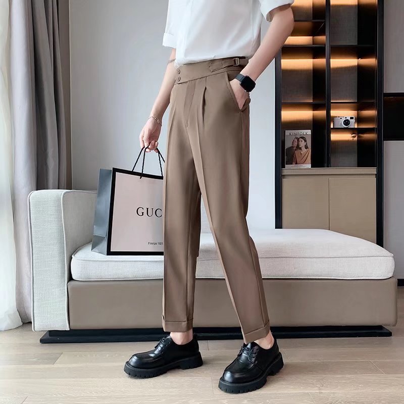 Draped Slim Fit Cropped Suit Pants for Men