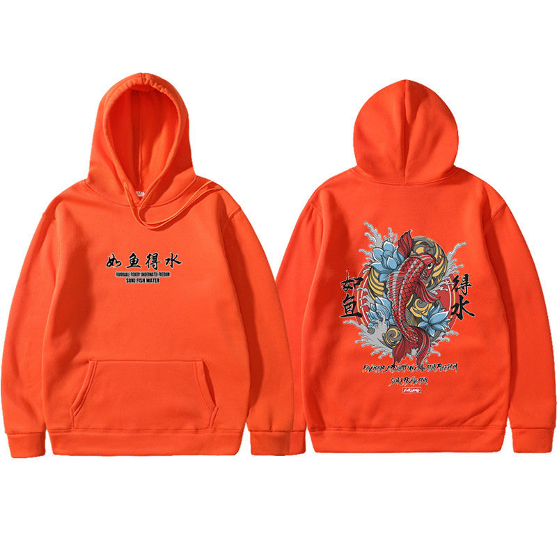 A orange urban hoodie with a traditional Japanese art print in the center, featuring an animal and floral elements.