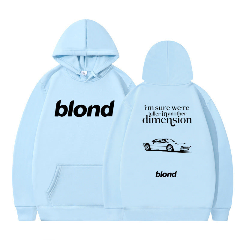 White hoodie with 'blond' written twice and a graphic of a car on the back, with the text 'i'm sure we're all in another dimension'.