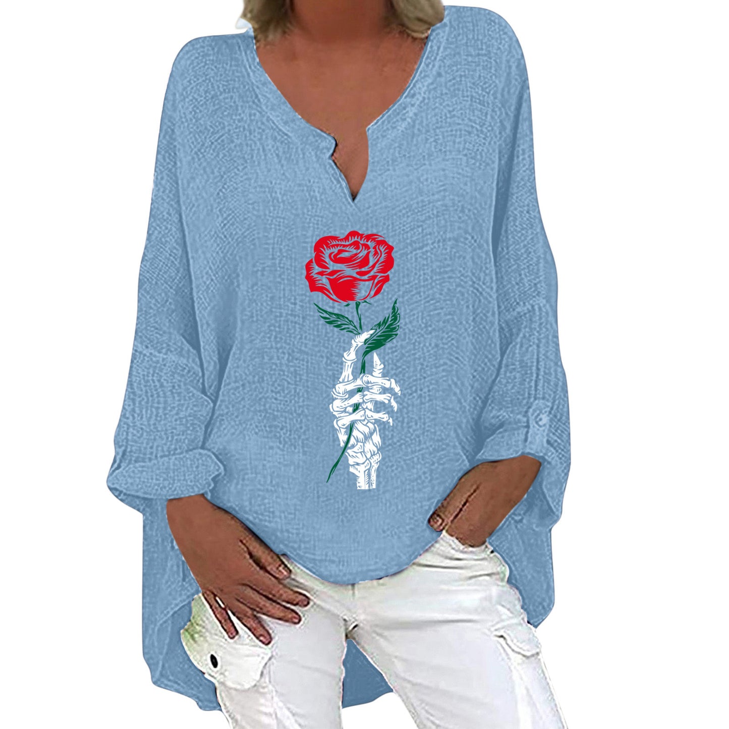 Blue long-sleeve shirt with a red rose design on a white background