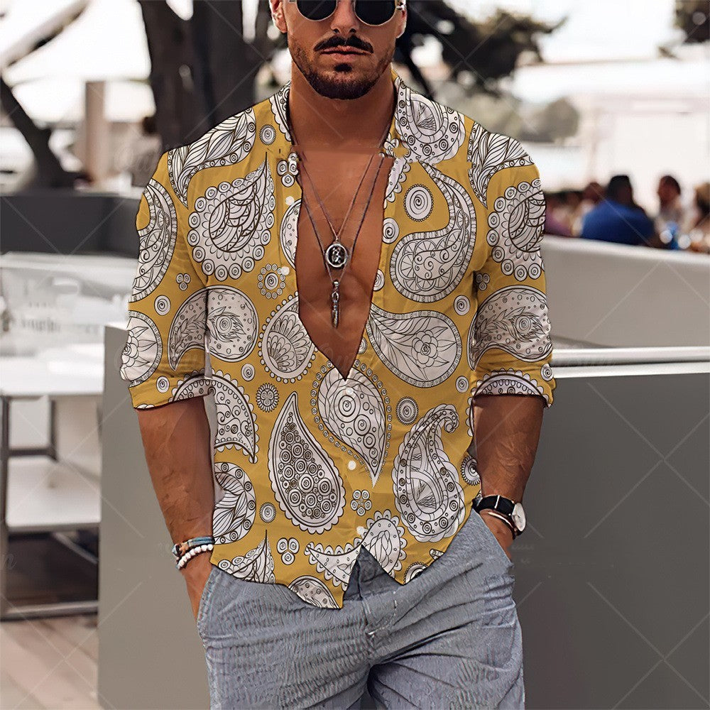 A man wearing a yellow short-sleeved shirt with a geometric pattern, featuring a relaxed fit.