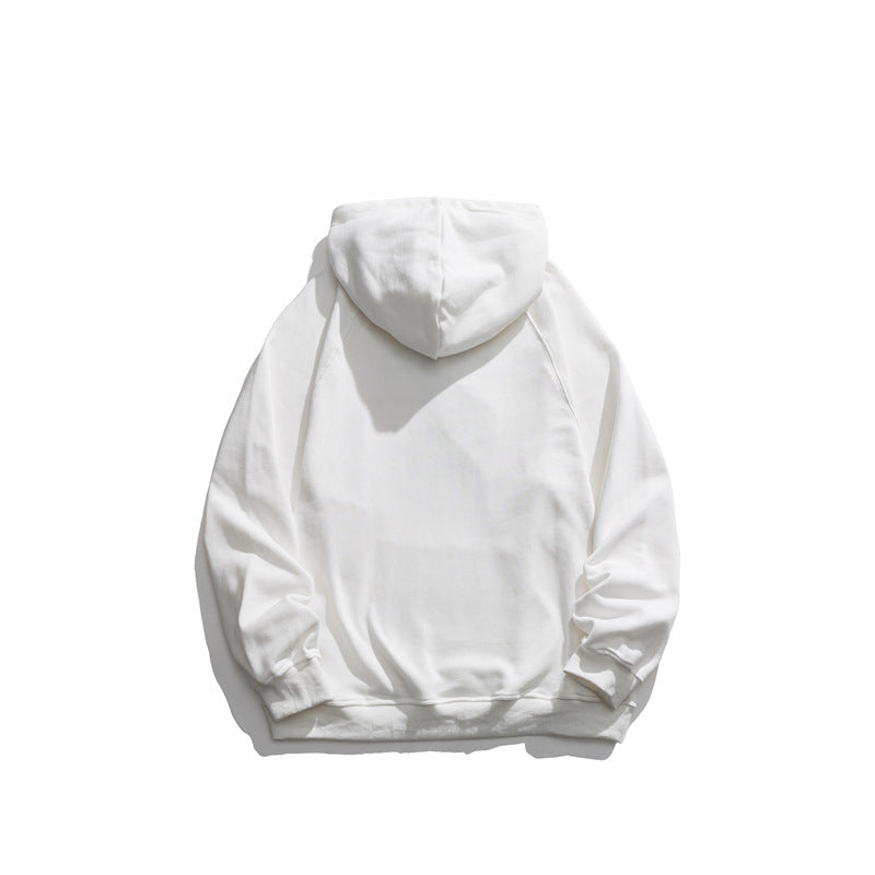 White hooded sweatshirt with a bold dinosaur and graffiti-style letter print on the front.