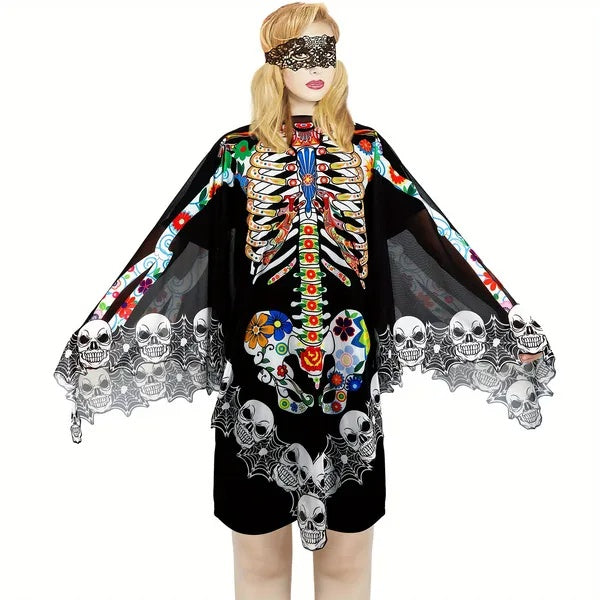 Dress with colorful skeleton and skull design on a white background