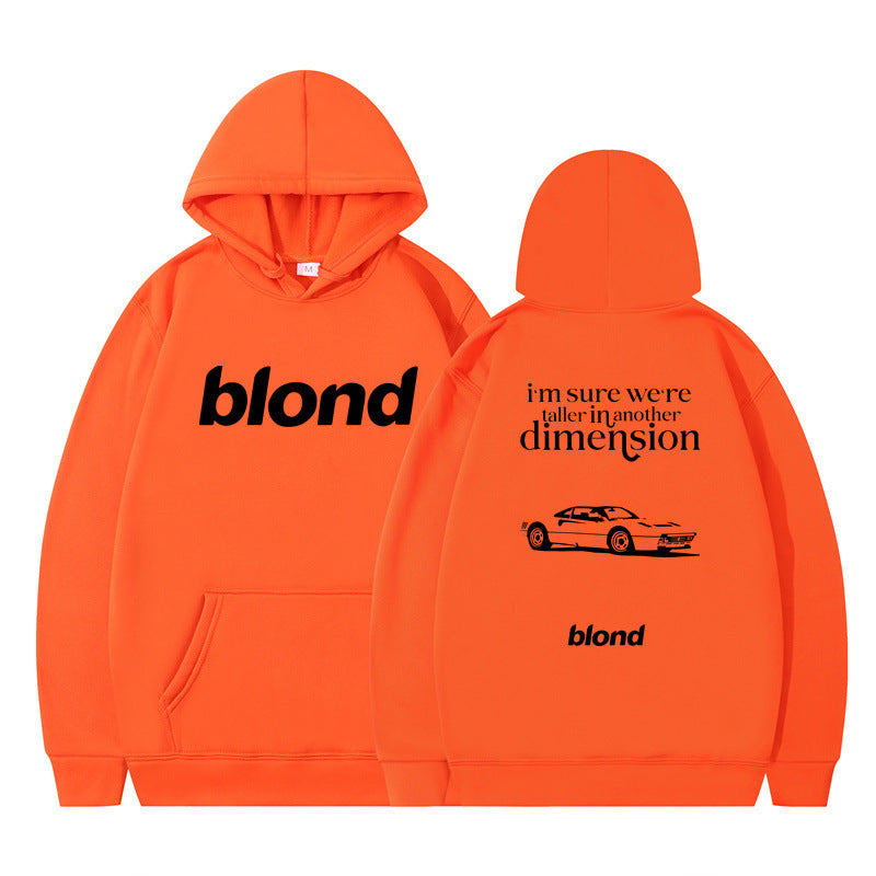 Black hoodie with 'blond' written twice and a graphic of a car on the back, with the text 'i'm sure we're all in another dimension'.