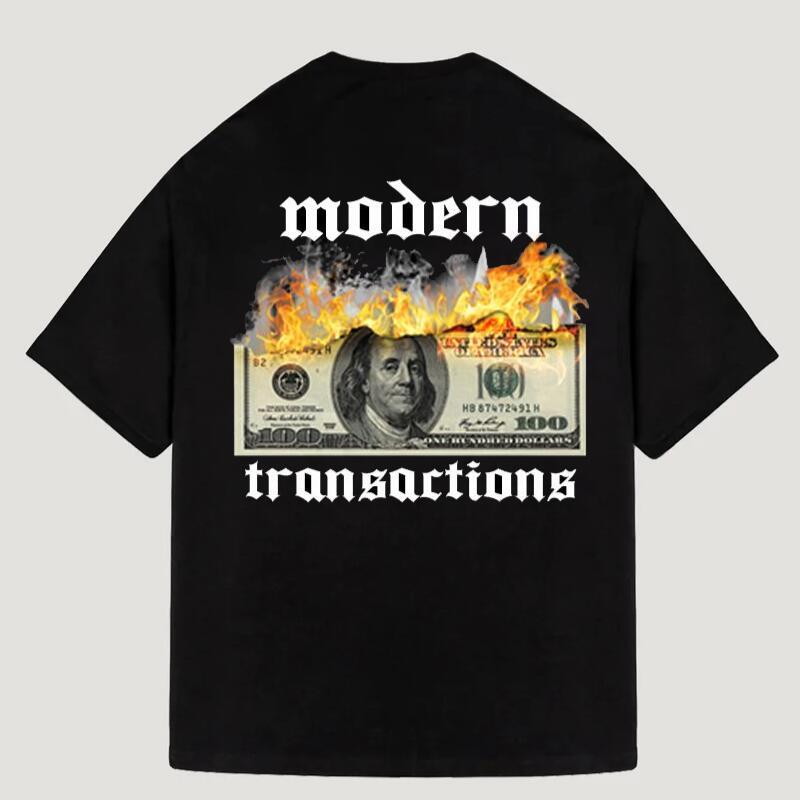 A black Urban Exchange short-sleeve t-shirt with a graphic print of US currency and the text 'modern transactions' on the back.