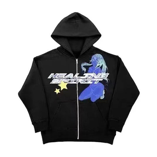 Black hoodie with a graphic print of a person in a blue dress with stars and text reading 'HEALING SPORT'.