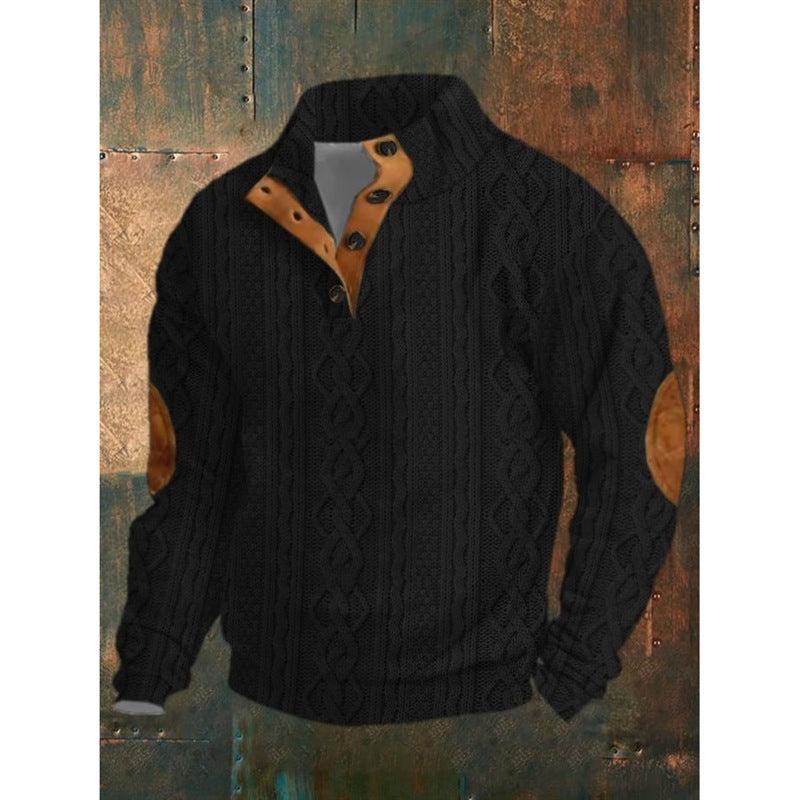 Black cable knit sweater with brown leather accents on a textured background