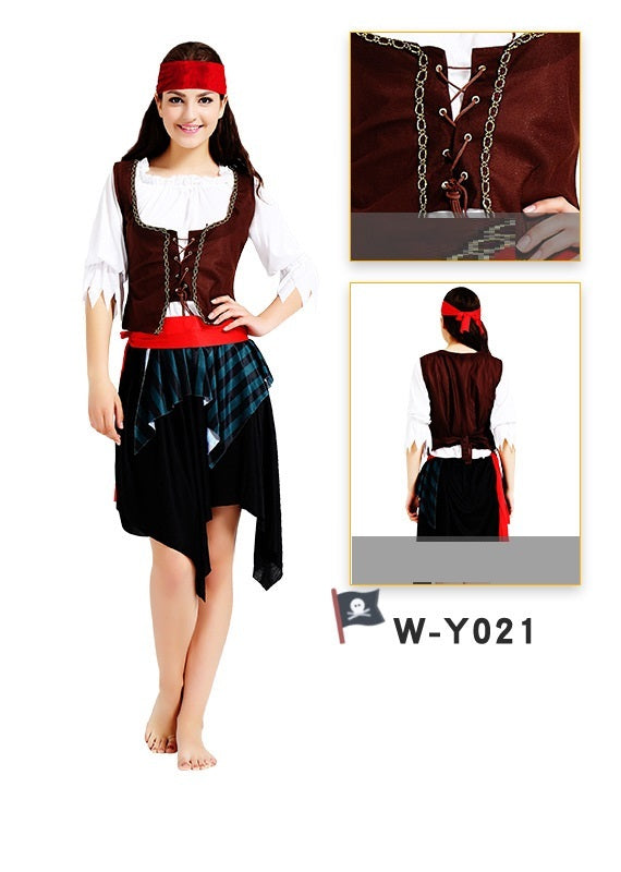 Pirate costume with vest, skirt, and headband worn by a model on a white background.
