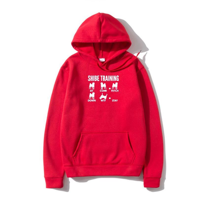 A red hoodie with 'URBAN TRAINER' text and illustrations of dogs on the front.