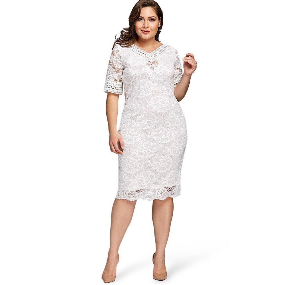Luxury Lace V-Neck Dress - Large Size, Evening Elegance