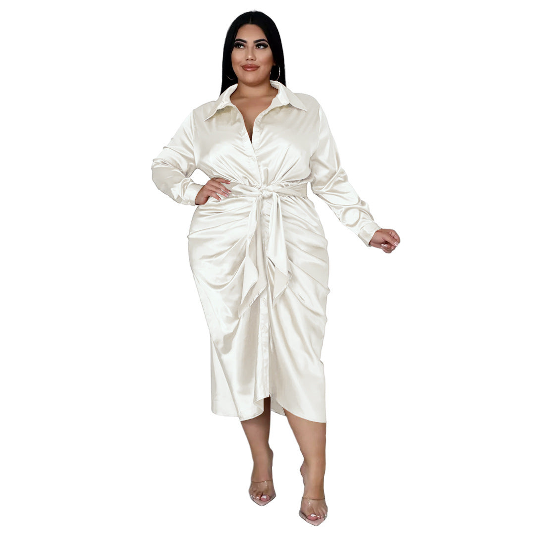 Elegant Reflective Silk Pleated Shirt Dress - Plus Size, Lace-up Design
