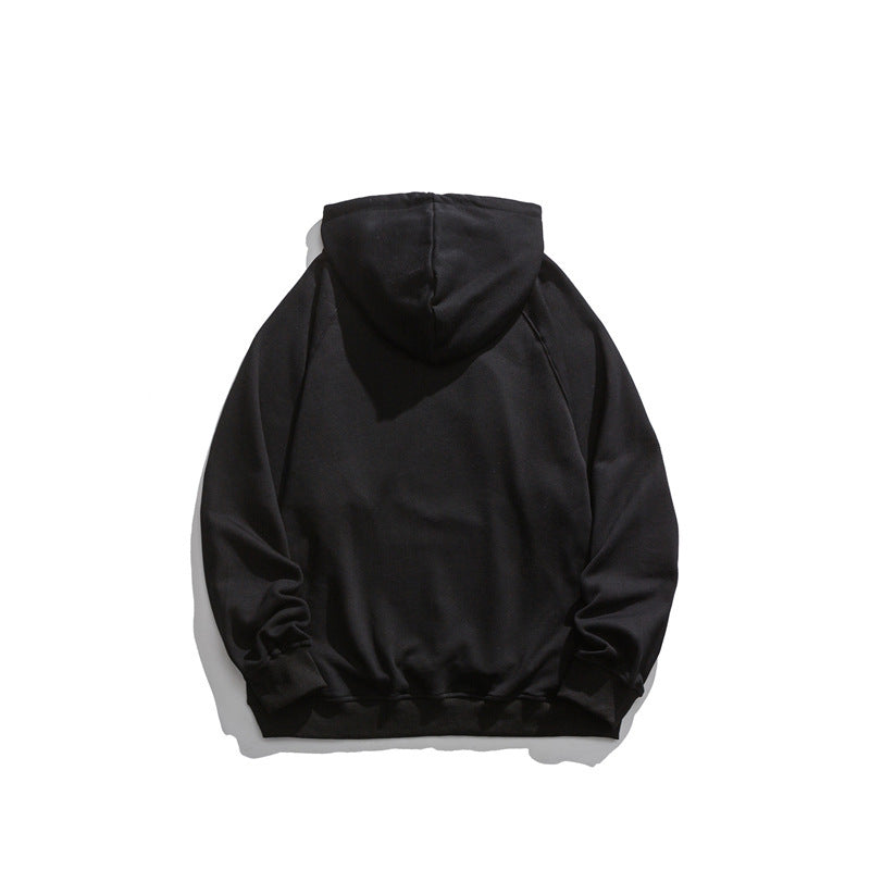 Black hooded sweatshirt with a bold dinosaur and graffiti-style letter print on the front.