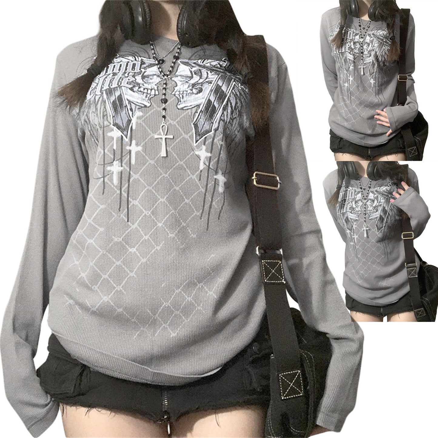 Person wearing a gray hoodie with graphic designs and a black backpack.
