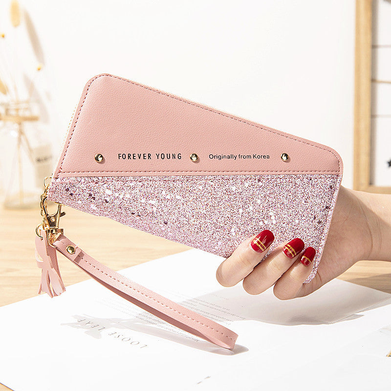 New Style Wallet Long Ladies Zipper Wallet Female Student Korean Version Stitching Contrast Color Tassel Wild Rivet Mobile Phone Bag