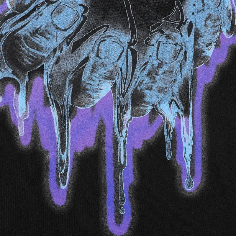 A black crew neck t-shirt with a unique printed clock graphic on the front and nothing on the back.