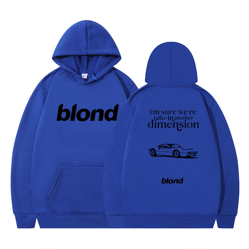 Black hoodie with 'blond' written twice and a graphic of a car on the back, with the text 'i'm sure we're all in another dimension'.