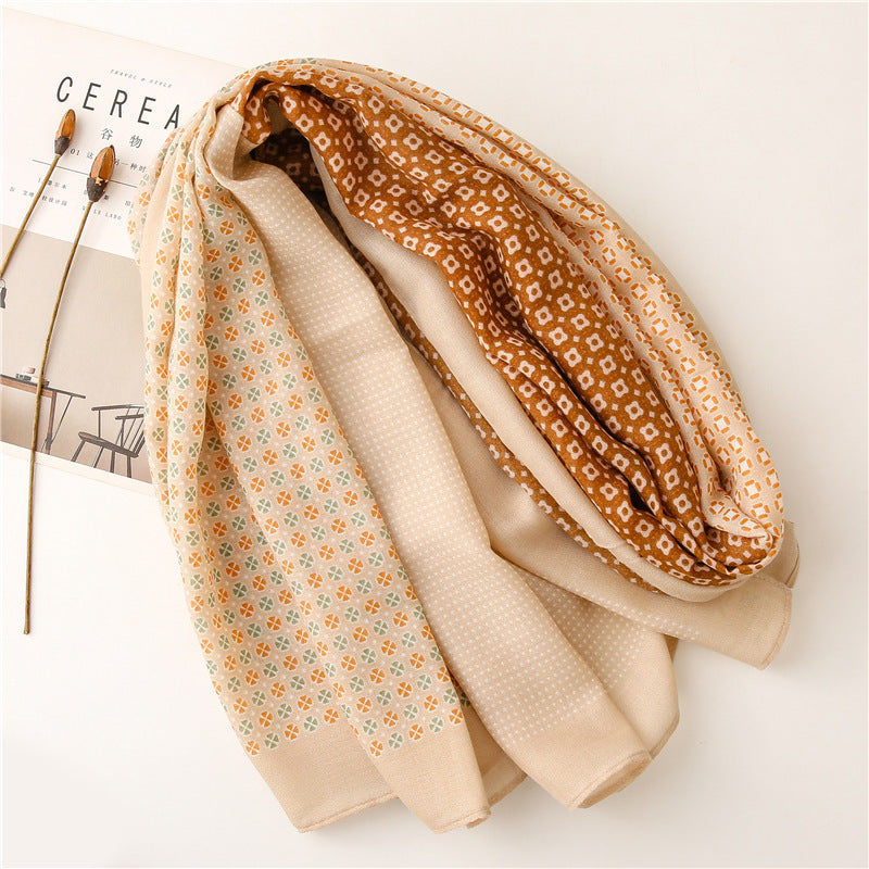 Plain Small Plaid Contrast Color Women's Silk Scarf Shawl Cotton And Linen