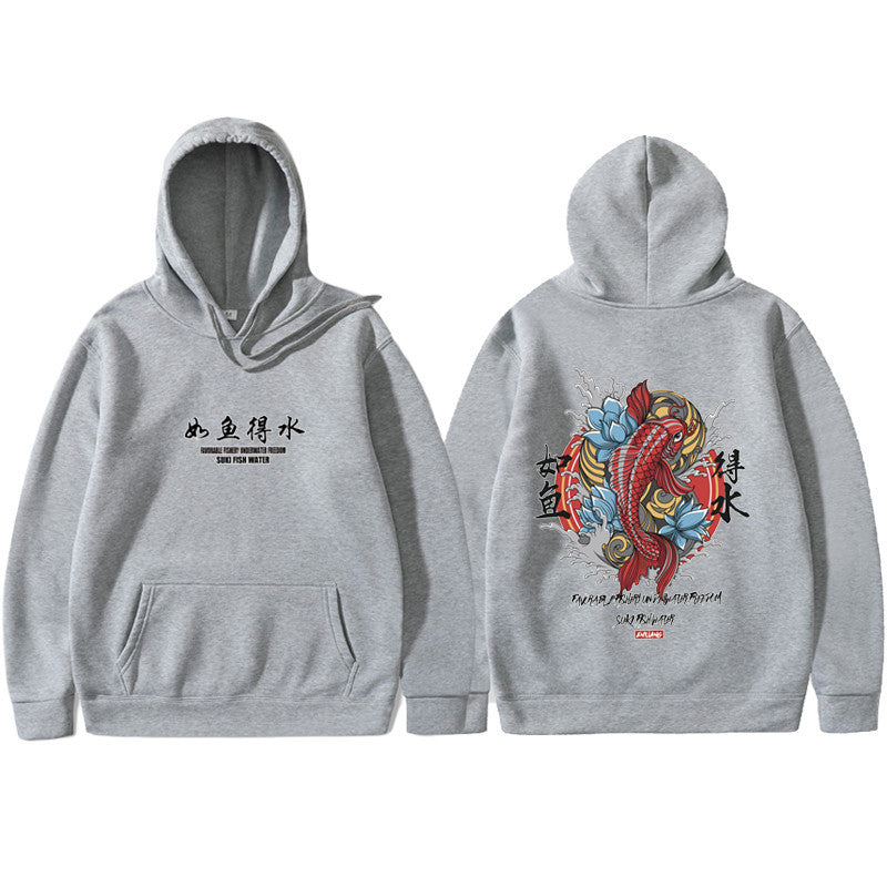 A gray urban hoodie with a traditional Japanese art print in the center, featuring an animal and floral elements.
