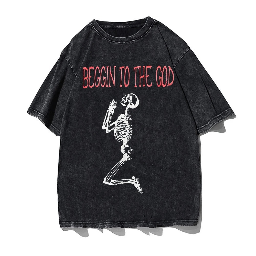 Black t-shirt with a graphic print of a statue and the text 'God Went Iike Holy' repeated multiple times.