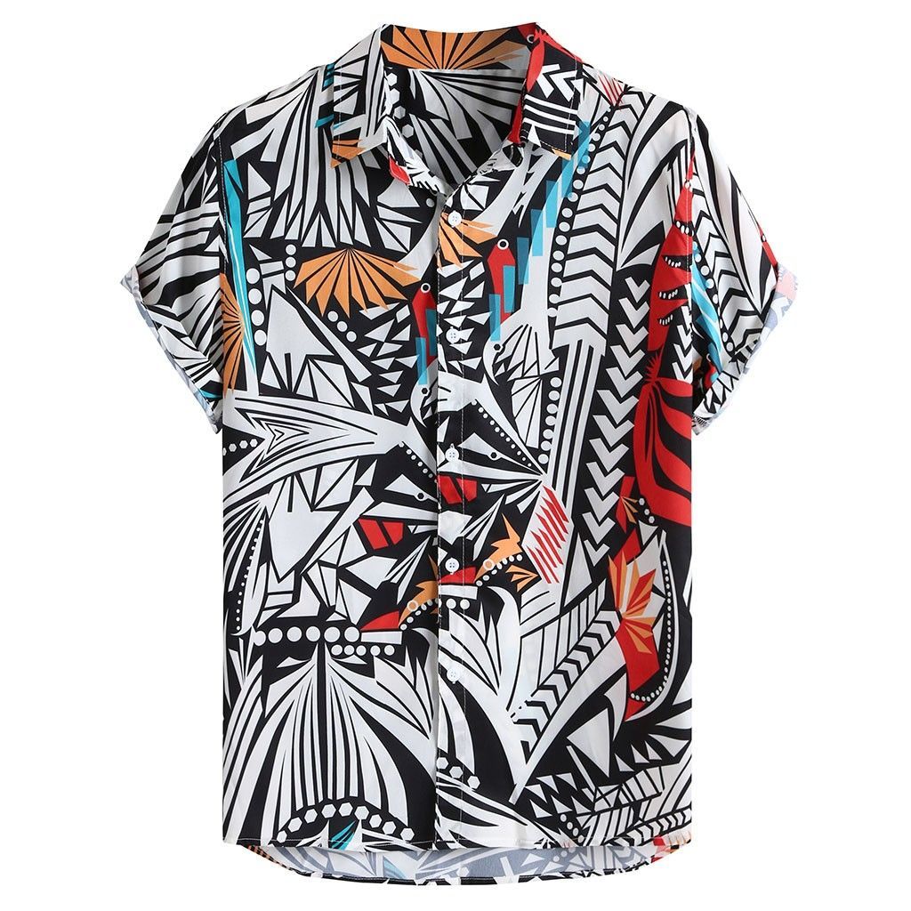 A short-sleeved Urban Luau shirt with a geometric pattern featuring black, white, yellow, and blue colors, displayed on a wooden hanger.
