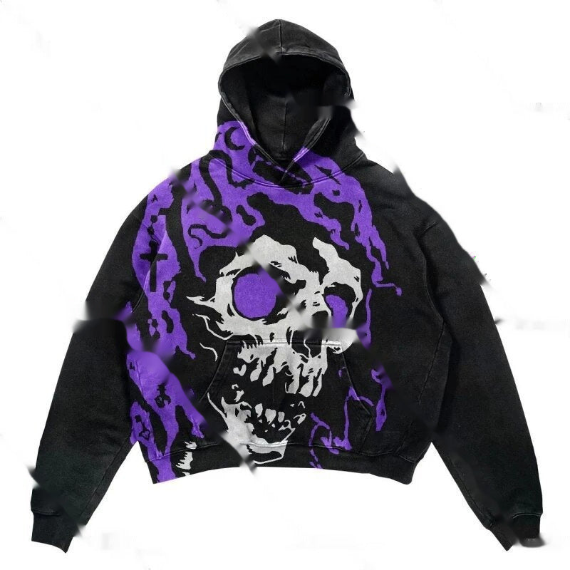 Black hoodie with a stylized skull and crossbones print in red and white